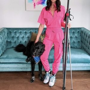 Neon pink track suit